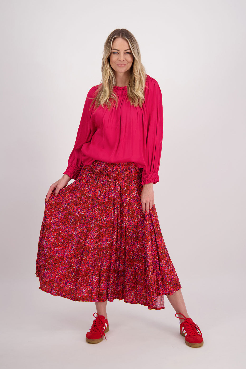 Red Floral Briarwood maxi skirt with shirred waist. Hawthorn