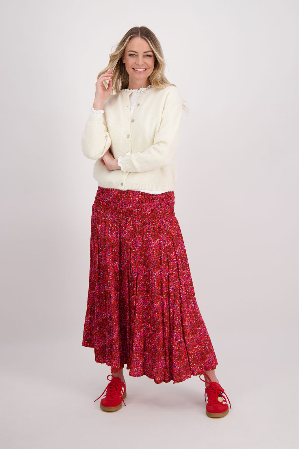 Red Floral Briarwood maxi skirt with shirred waist. Hawthorn