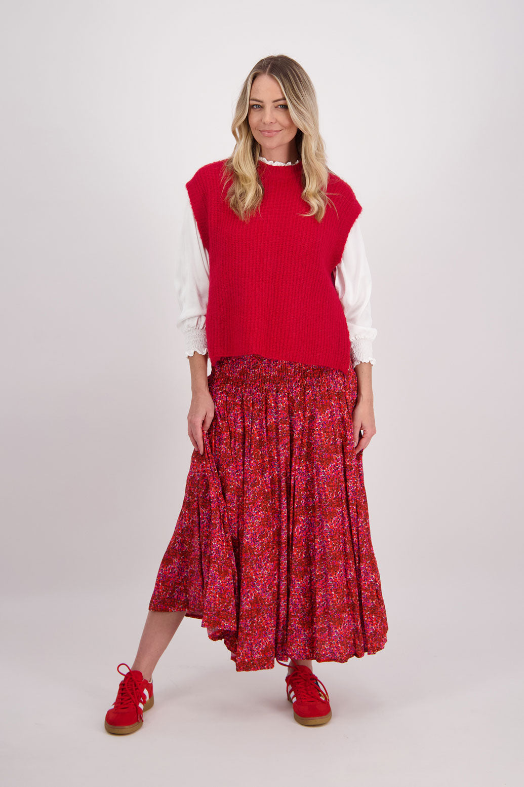 Red Floral Briarwood maxi skirt with shirred waist. Hawthorn