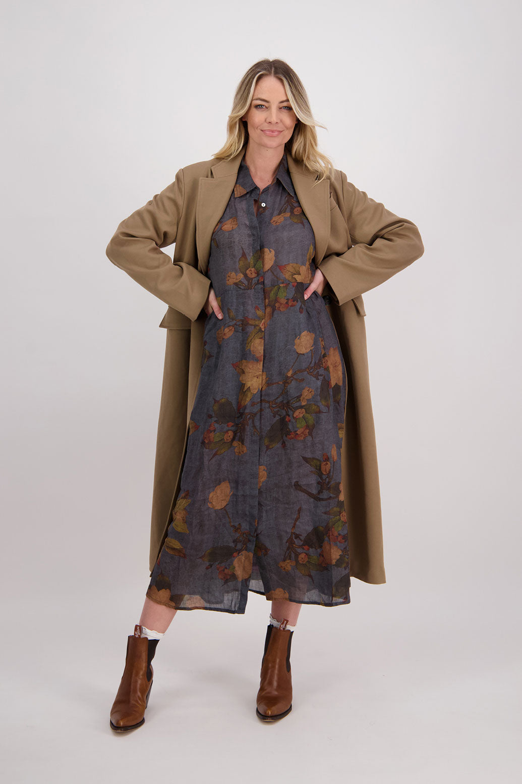 Black Floral Ramie Shirt Dress with Long Sleeves and Hidden Button Front, Hollie