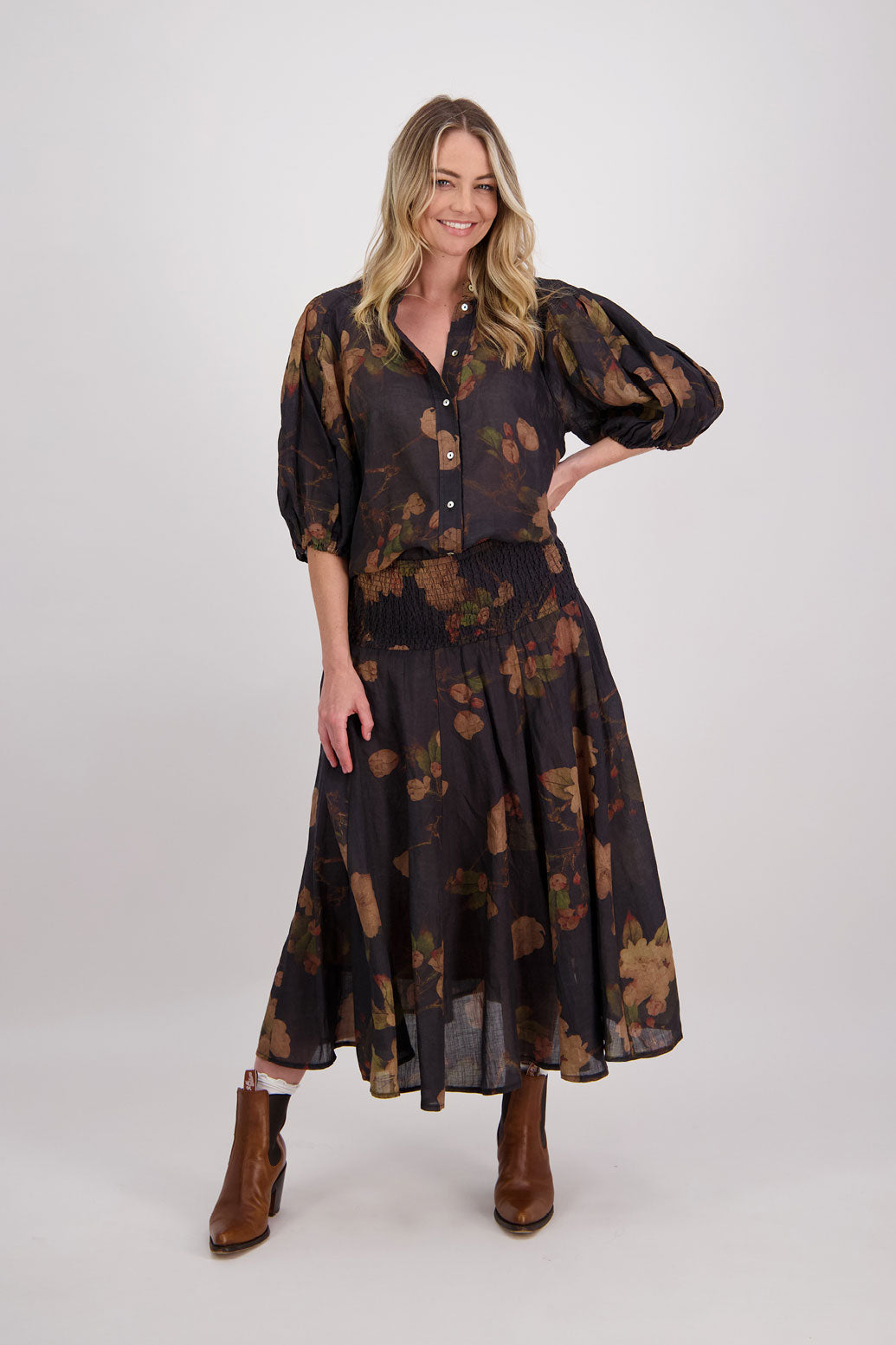 Black Floral 3/4 Sleeve Ramie Shirt, Harlow. Worn with Black Floral Ramie Skirt, Hazelle