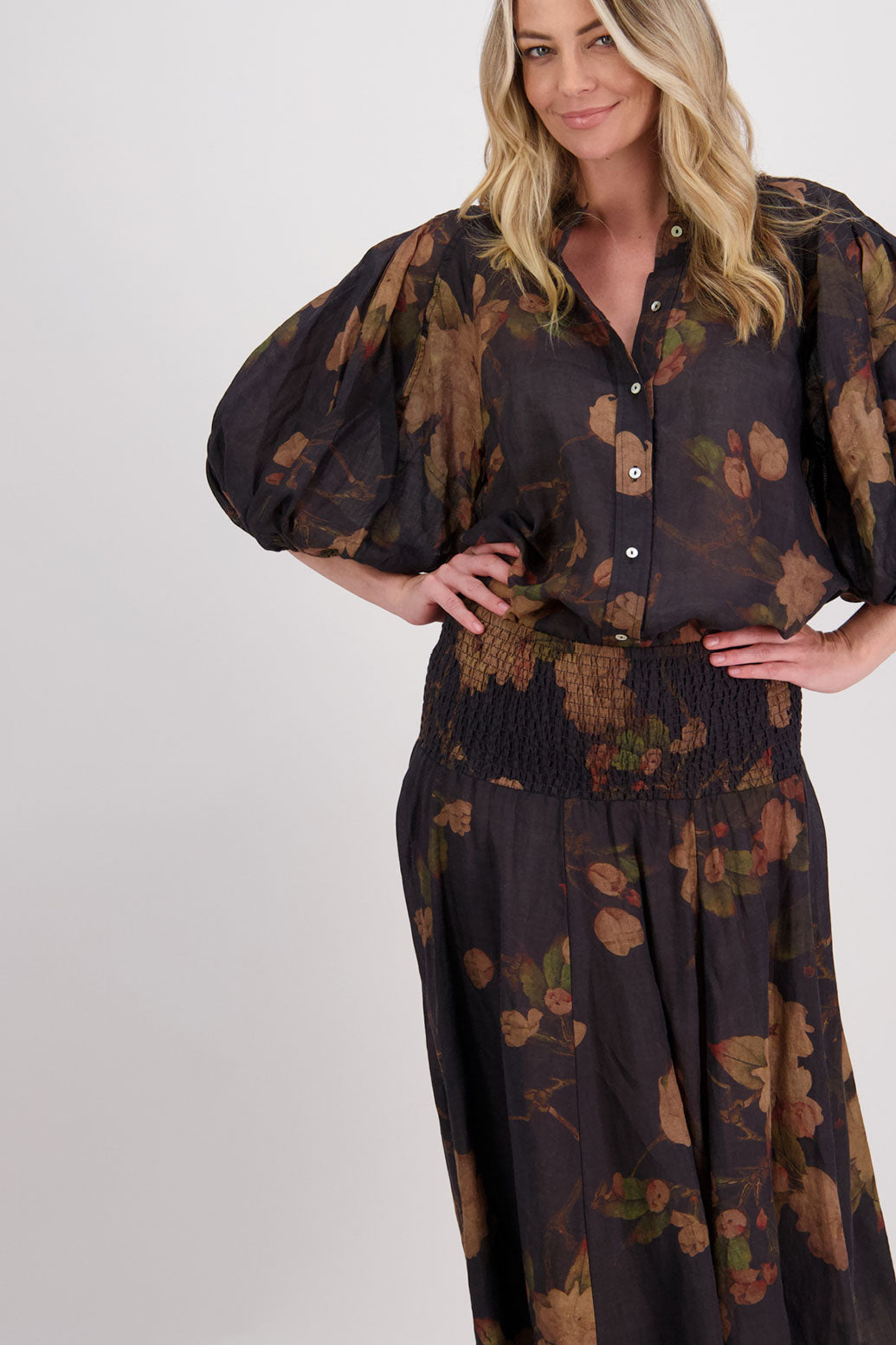 Black Floral 3/4 Sleeve Ramie Shirt, Harlow. Worn with Black Floral Ramie Skirt, Hazelle