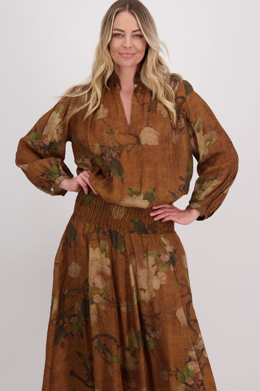 Tan Floral Long Sleeve Ramie Top. Paired with matching Tan Floral Ramie Skirt, Hazelle