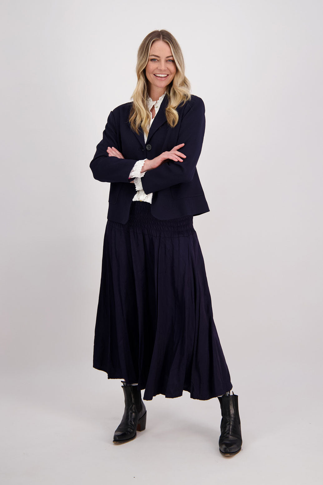 Ink/Dark Blue Briarwood maxi skirt with shirred waist. Hawthorn