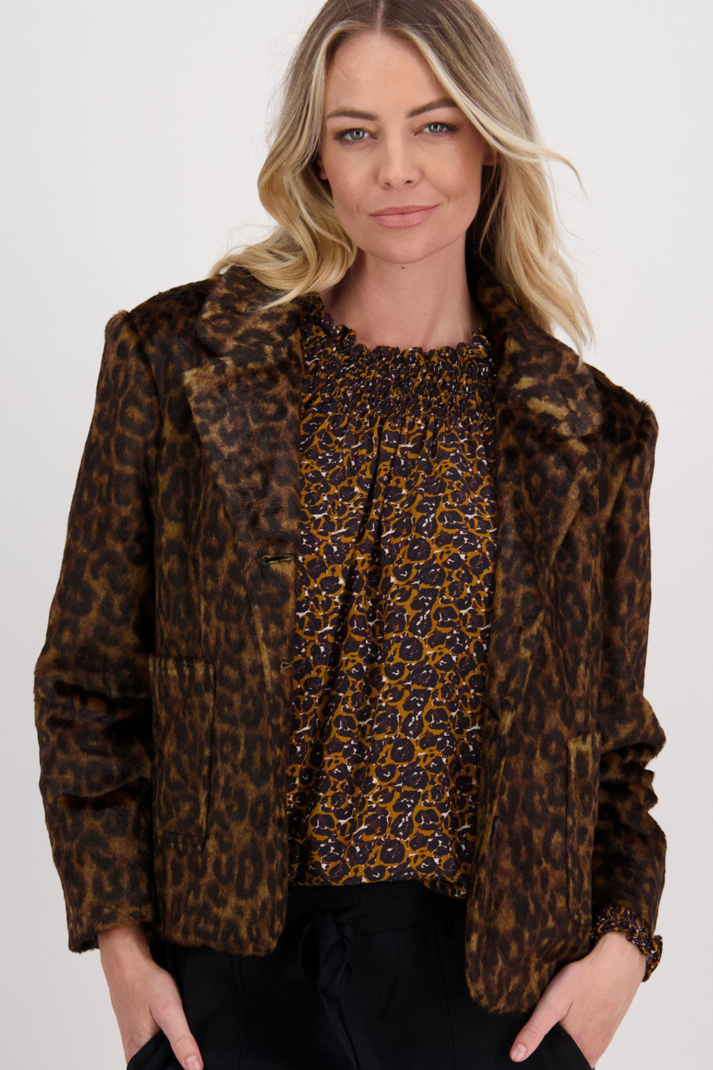 Brown Animal, Briarwood Long Sleeve Viscose top with shirred neck and sleeves, Hollis