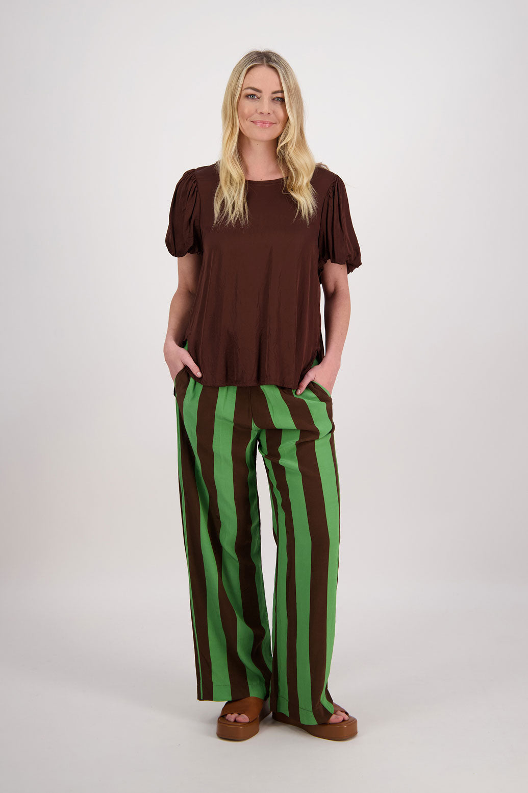 Paddy Wide Leg Pant - Chocolate/Green Stripe