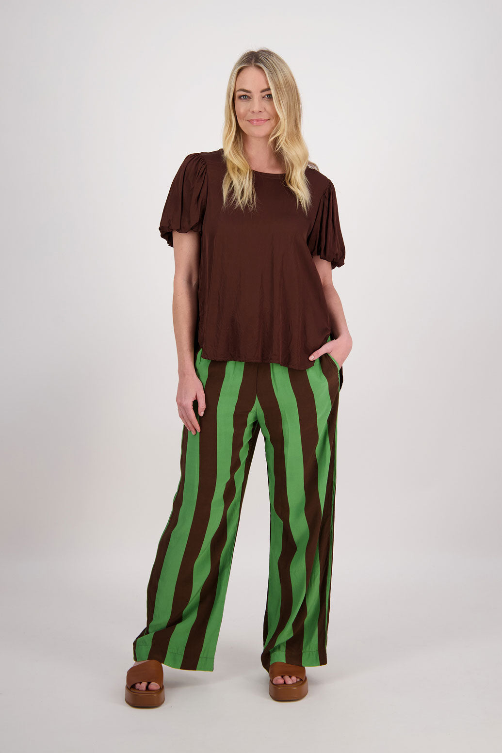 Paddy Wide Leg Pant - Chocolate/Green Stripe