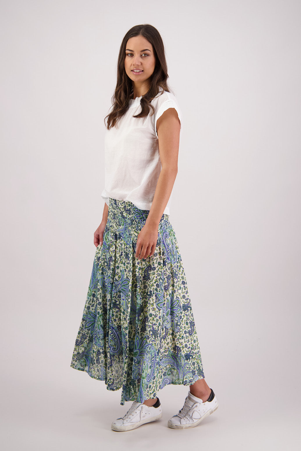 Side view of Briarwood Pandora Skirt in Blue Paisley print.