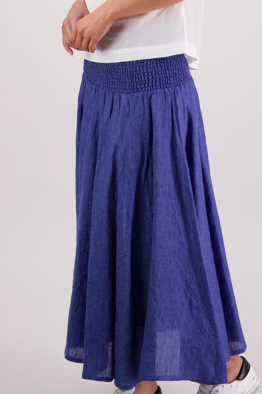 Closeup side view of Briarwood Pandora Skirt in Blue.