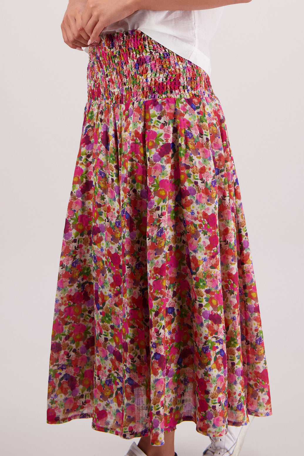 Close up of side view of Briarwood Pandora Skirt in Bright Floral print.