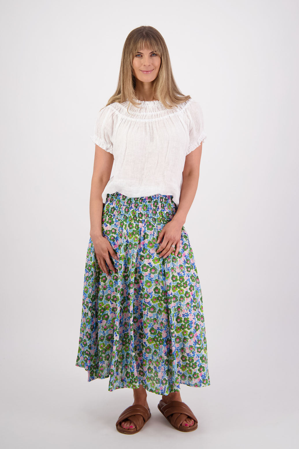 Ramie shirred waist skirt, lined, long length. Briarwood NZ. Pandora, Daisy Print