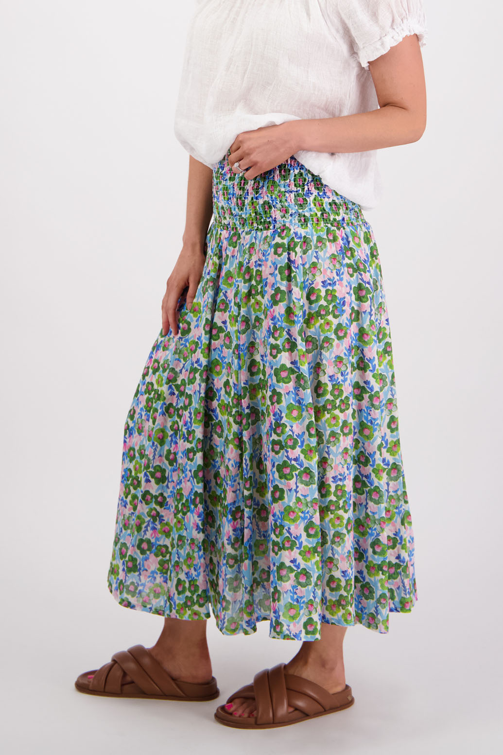 Ramie shirred waist skirt, lined, long length. Briarwood NZ. Pandora, Daisy Print