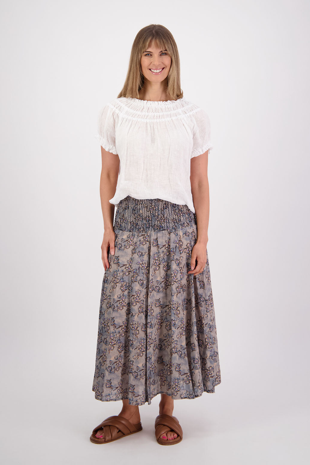 Ramie shirred waist skirt, lined, long length. Briarwood NZ. Pandora, Denim Daisy Print