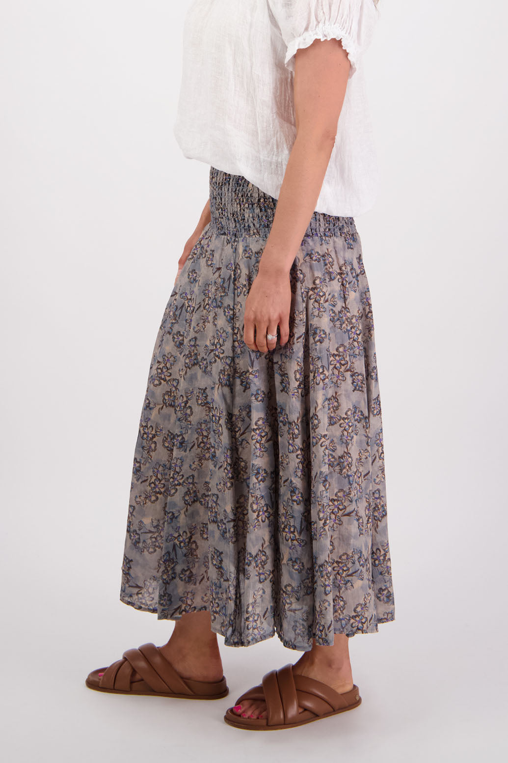 Ramie shirred waist skirt, lined, long length. Briarwood NZ. Pandora, Denim Daisy Print