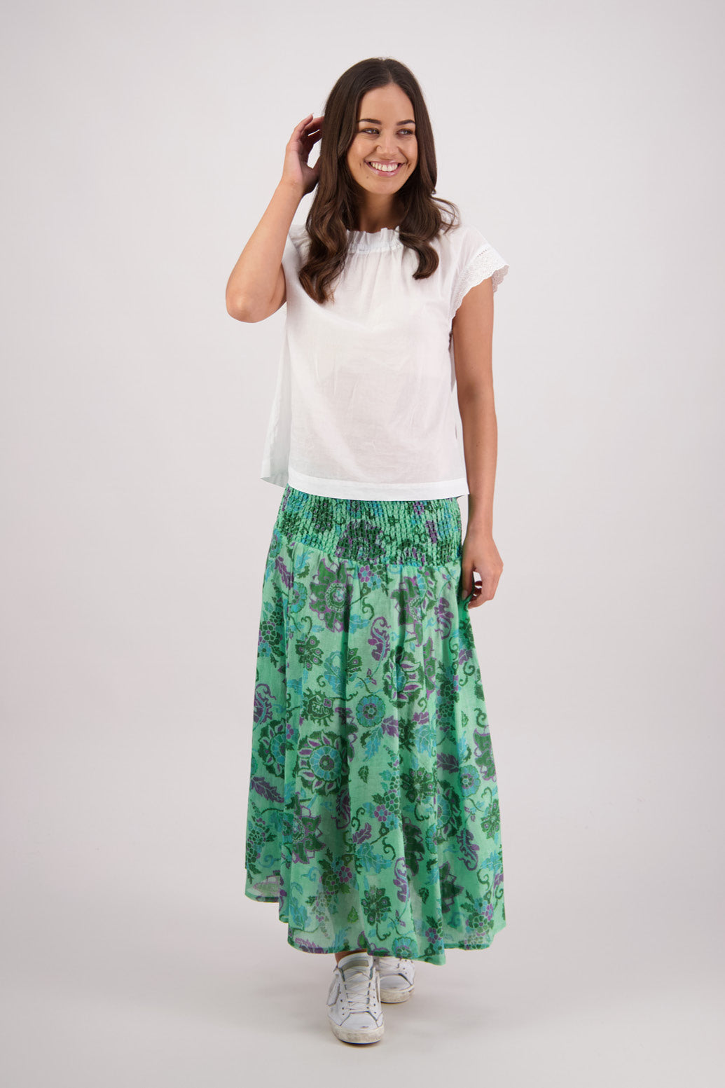 Briarwood Pandora Skirt in Green Floral print, 100%Ramie.
