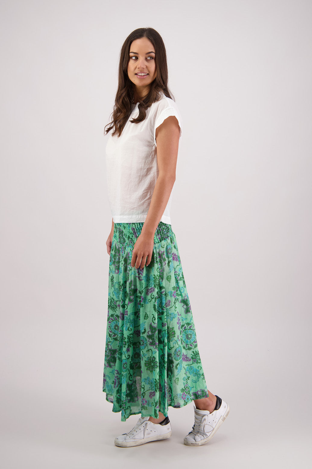 Side view of Briarwood Pandora Skirt in Green Floral print.