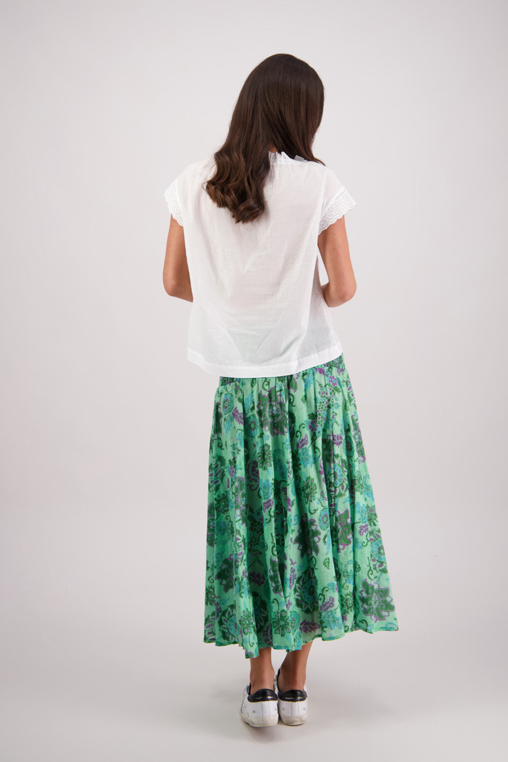 Back view of Briarwood Pandora Skirt in Green Floral print.