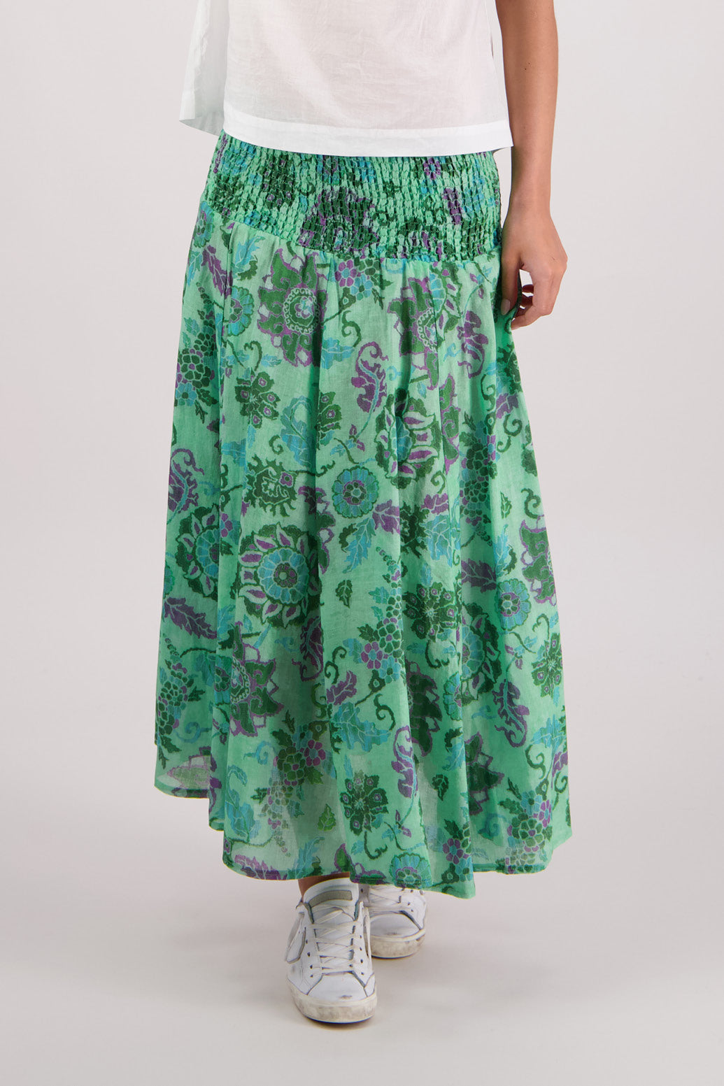 Close up of front view of Briarwood Pandora Skirt in Green Floral print.