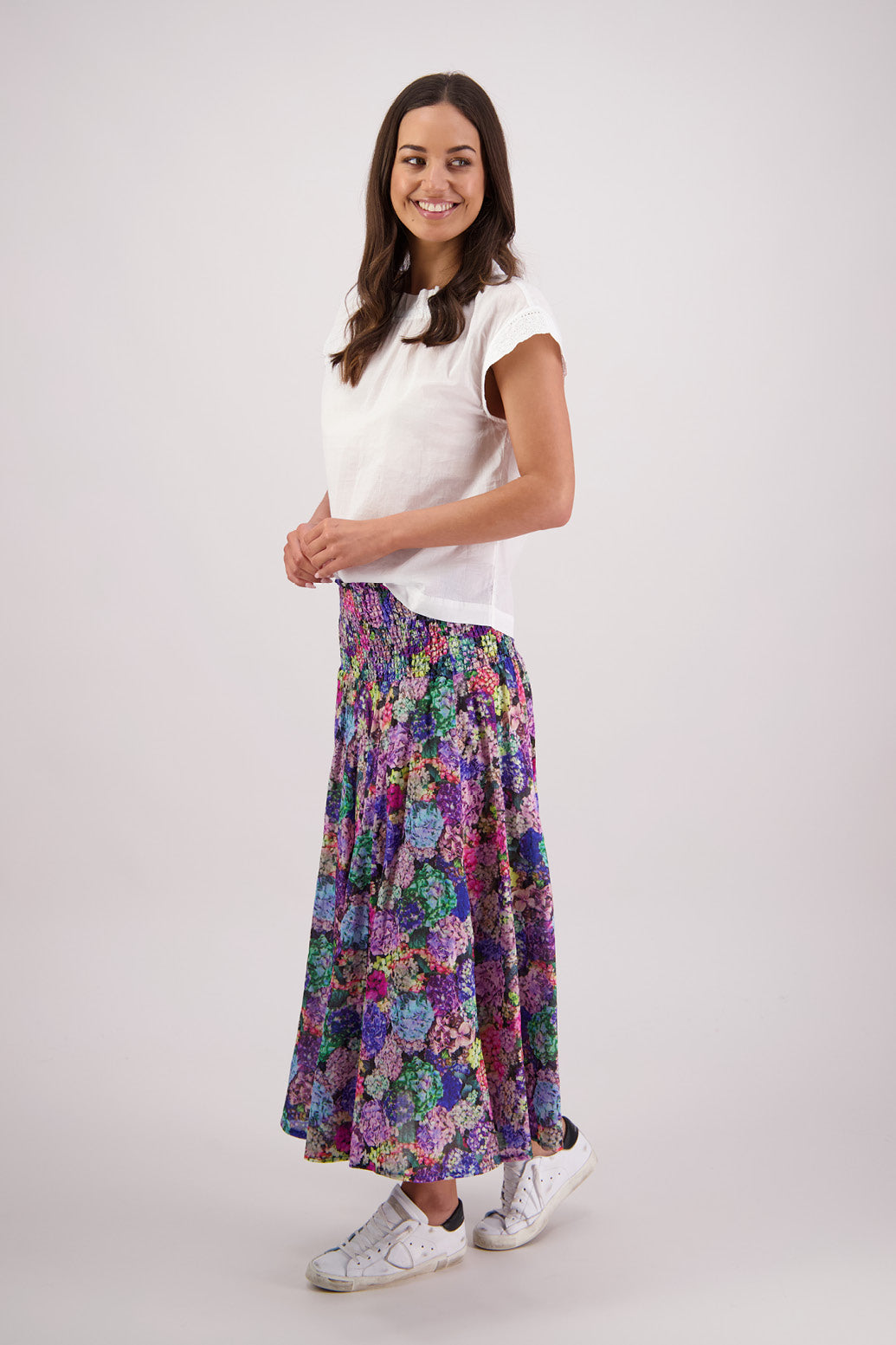 Side view of Briarwood Pandora Skirt in Hydrangea print.