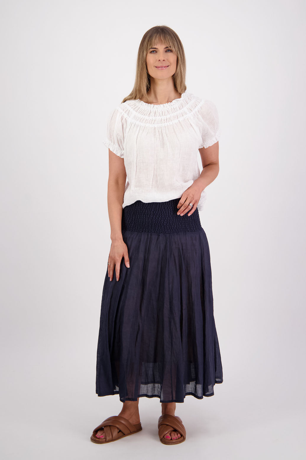 Ramie shirred waist skirt, lined, long length. Briarwood NZ. Pandora, Ink