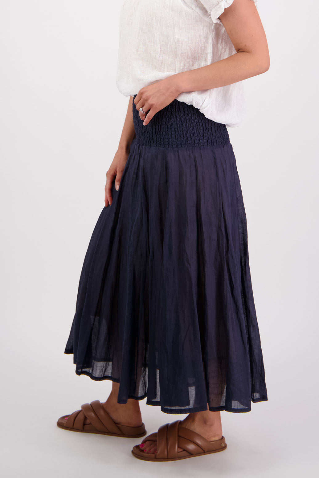Ramie shirred waist skirt, lined, long length. Briarwood NZ. Pandora, Ink/Navy