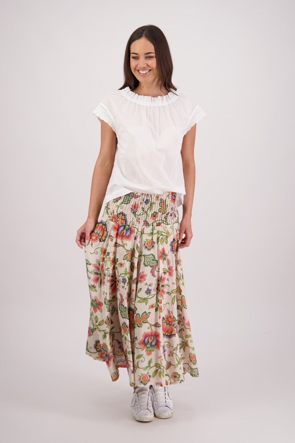 Briarwood Pandora Skirt in Jacobean print, 100% Ramie.
