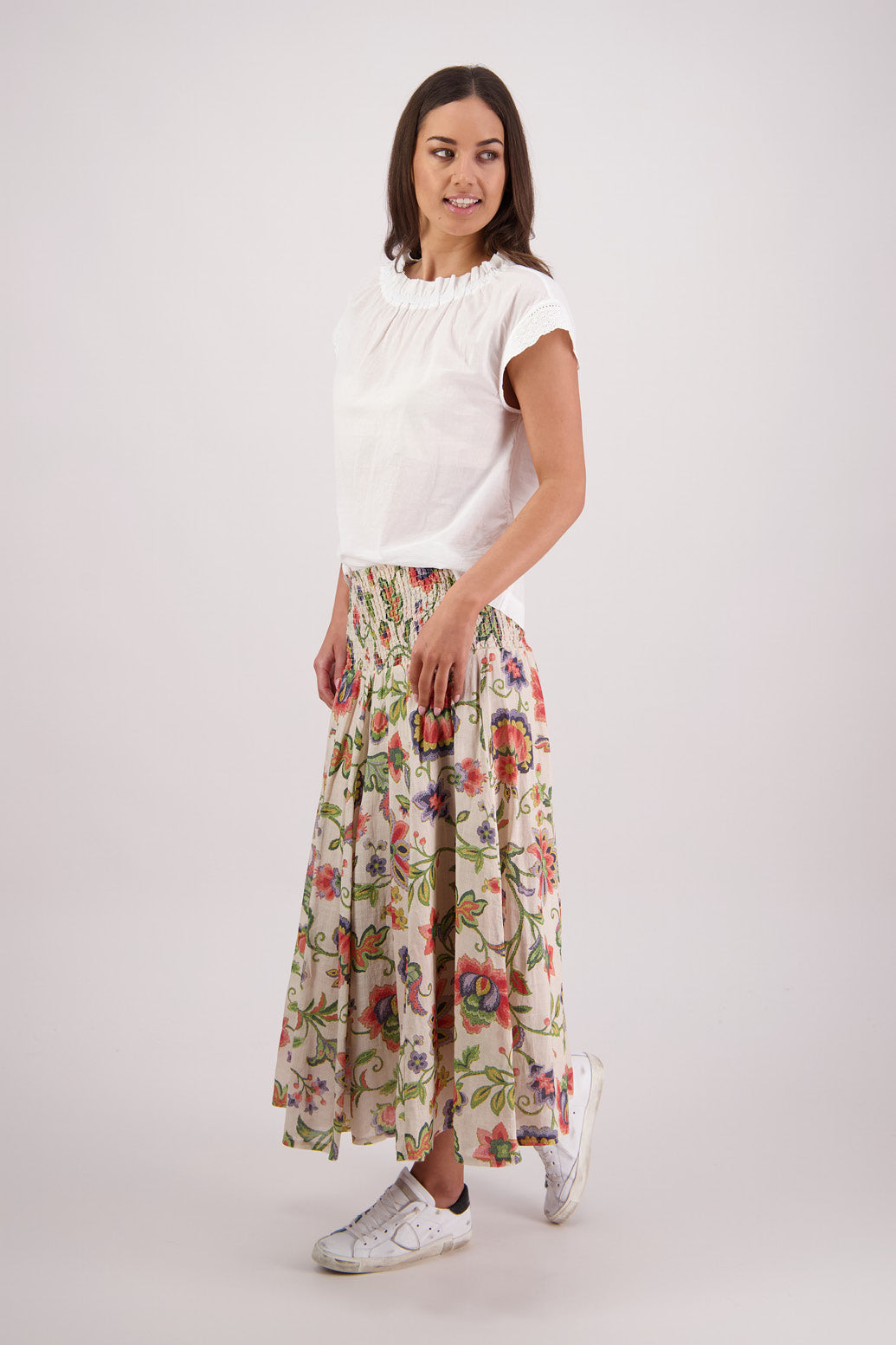 Side view of Briarwood Pandora Skirt in Jacobean print.