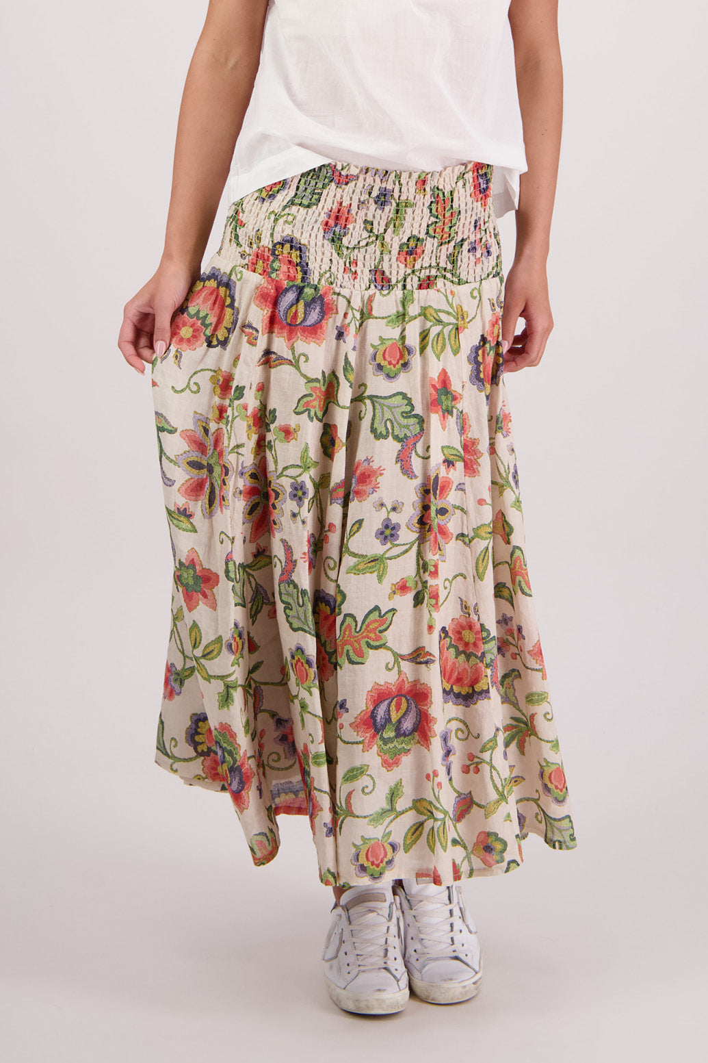 Close up of front view of Briarwood Pandora Skirt in Jacobean print.