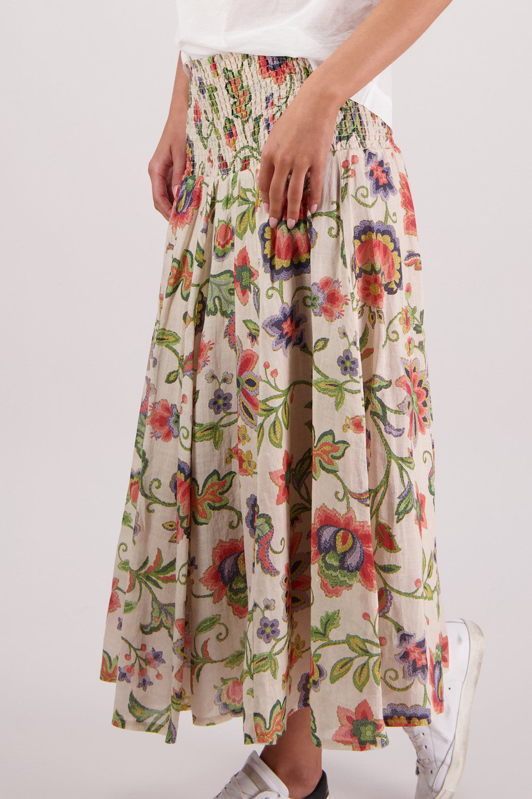 Close up of side view of Briarwood Pandora Skirt in Jacobean print.