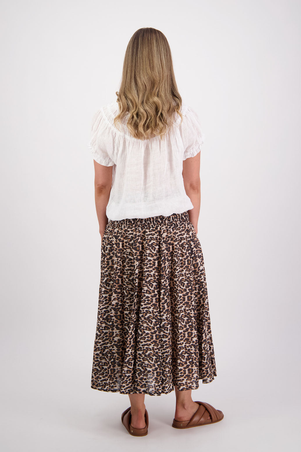Ramie shirred waist skirt, lined, long length. Briarwood NZ. Pandora, Leopard Print
