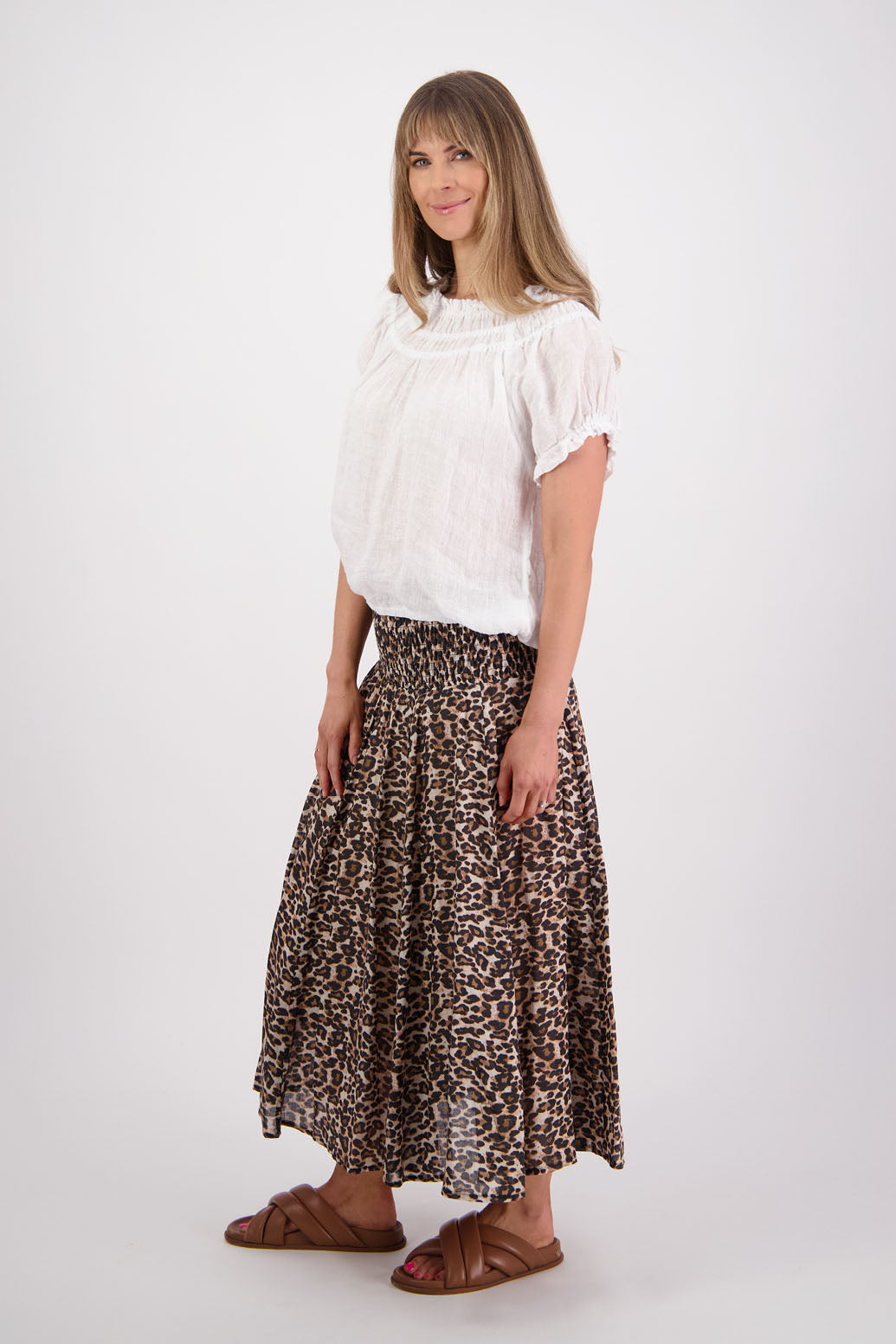 Ramie shirred waist skirt, lined, long length. Briarwood NZ. Pandora, Leopard Print