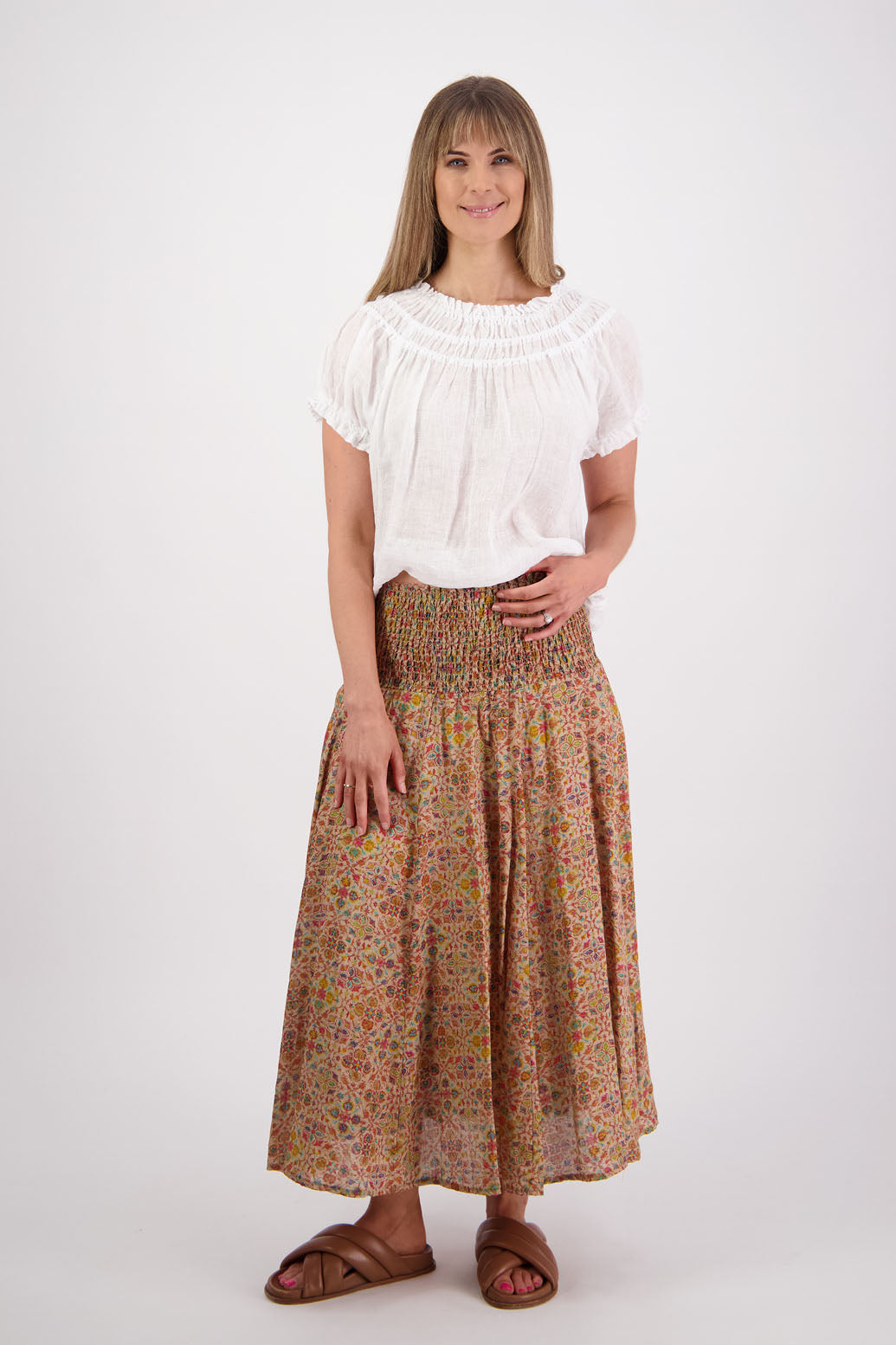 Ramie shirred waist skirt, lined, long length. Briarwood NZ. Pandora, Little Leaf Print