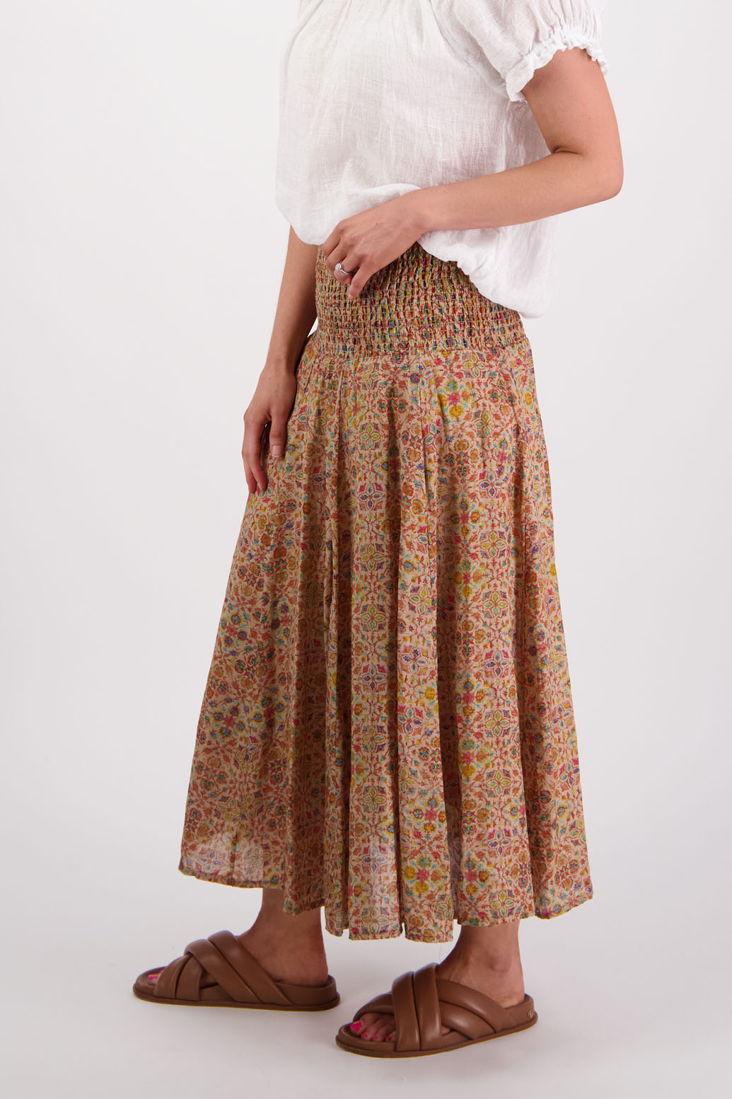 Ramie shirred waist skirt, lined, long length. Briarwood NZ. Pandora, Little Leaf Print