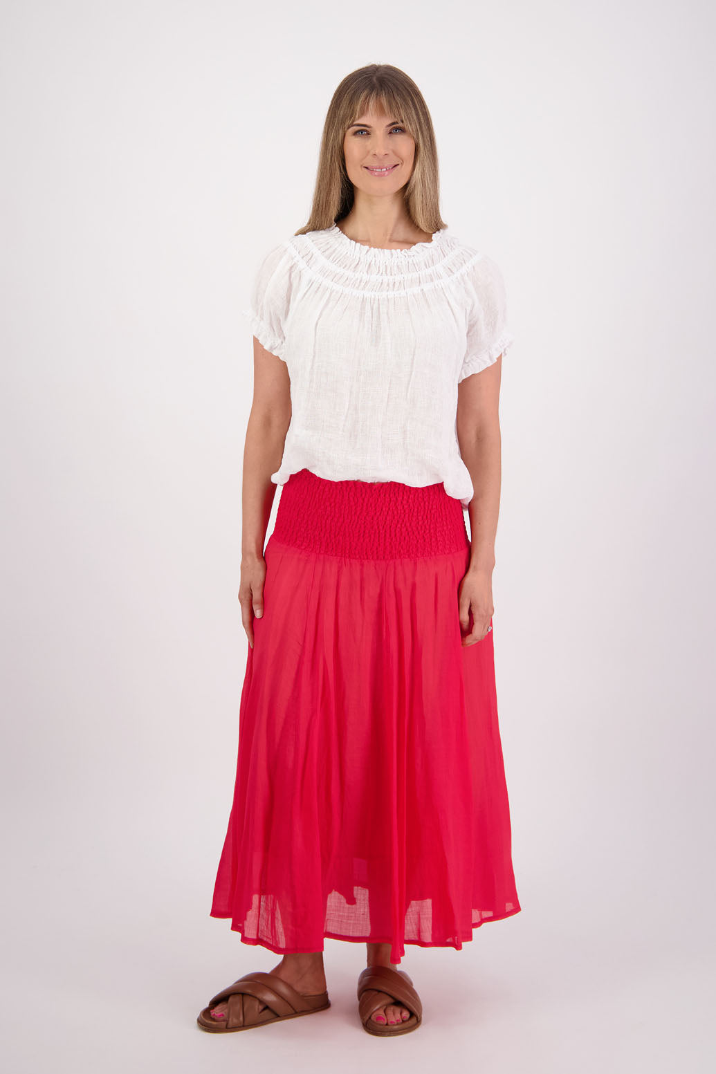 Ramie shirred waist skirt, lined, long length. Briarwood NZ. Pandora, Red