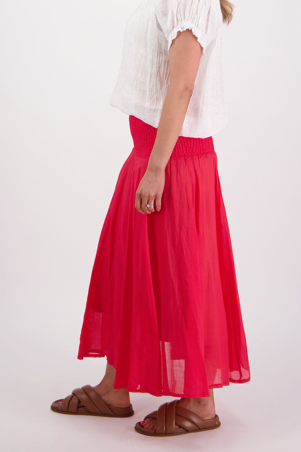 Ramie shirred waist skirt, lined, long length. Briarwood NZ. Pandora, Red