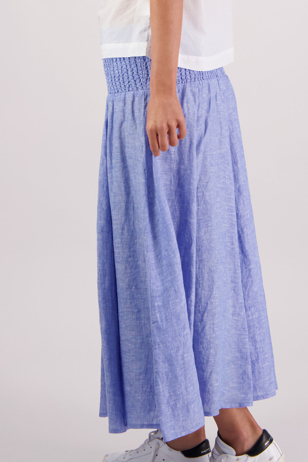 Close up side view of Briarwood Pandora Skirt in Sky Blue.