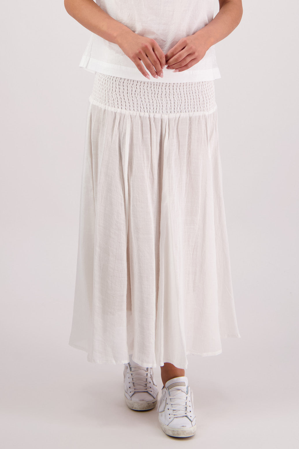 Closeup front view of Briarwood Pandora Skirt in White.