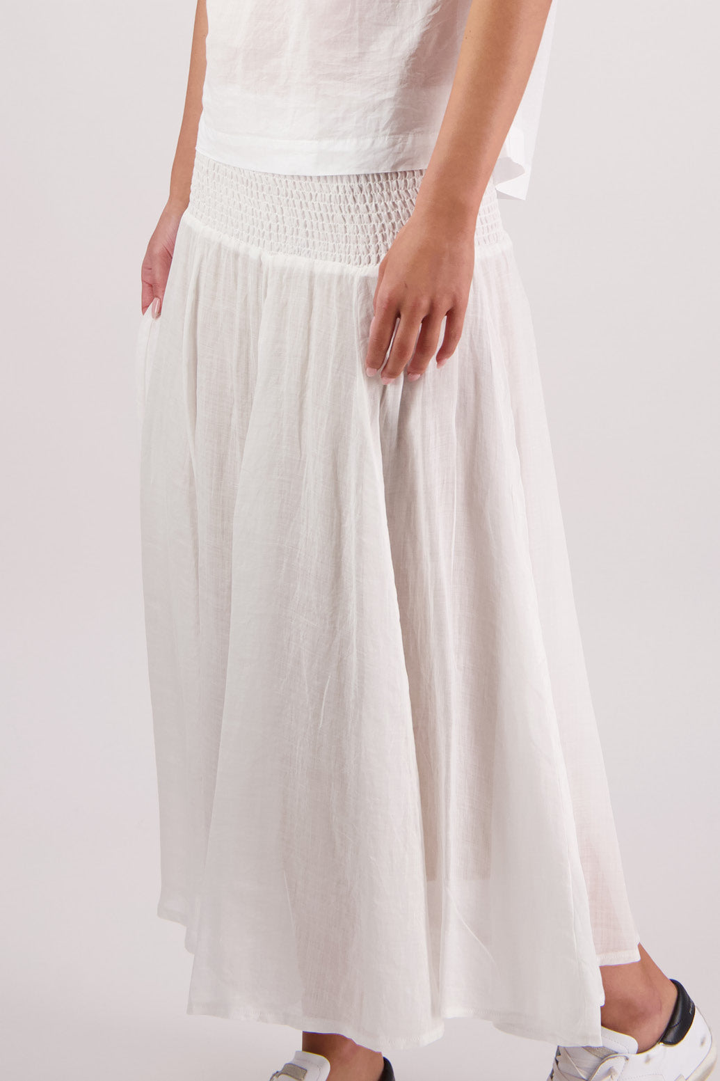 Closeup side view of Briarwood Pandora Skirt in White.
