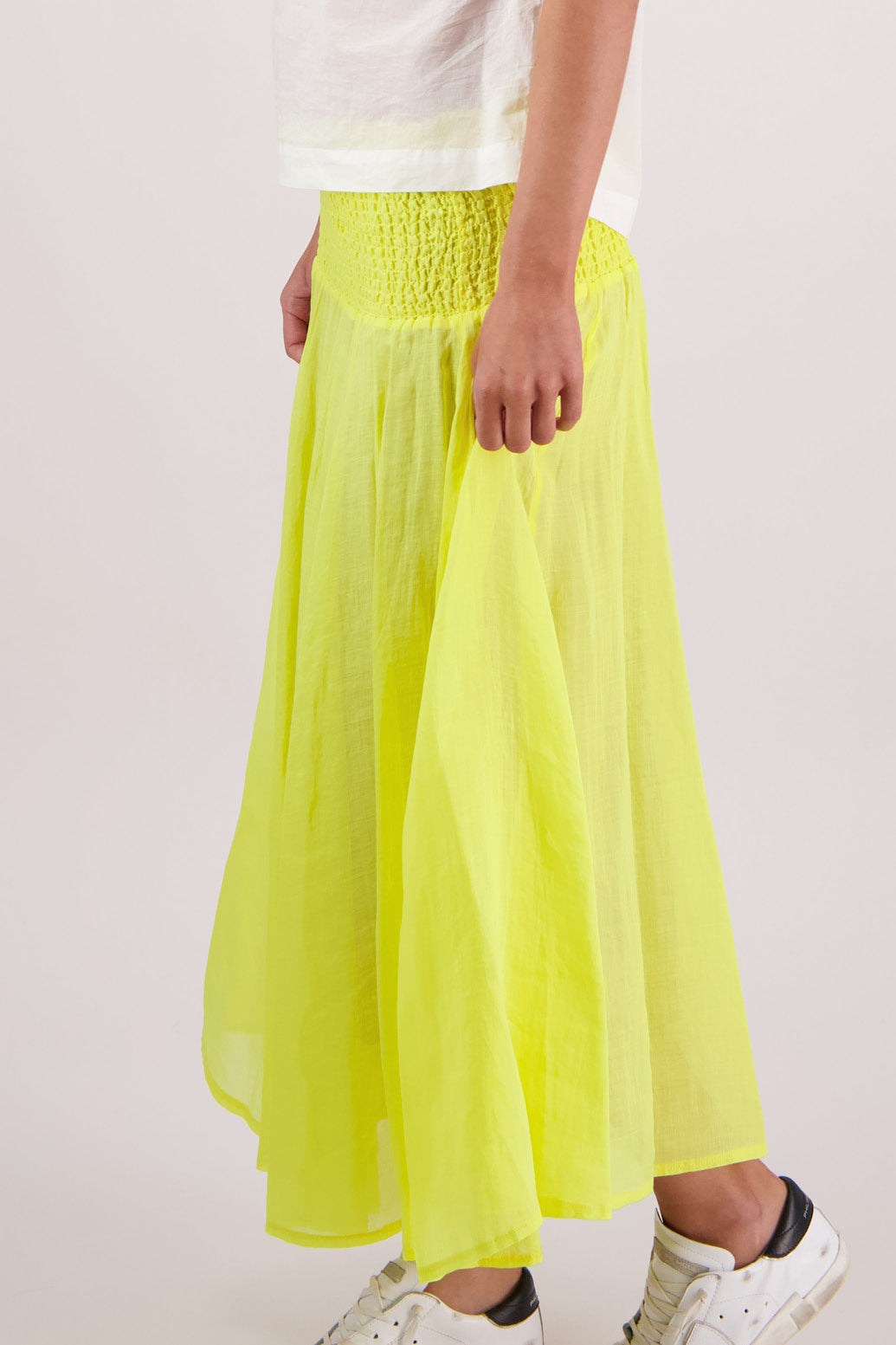 Closeup side view Briarwood Pandora Skirt in Yellow.