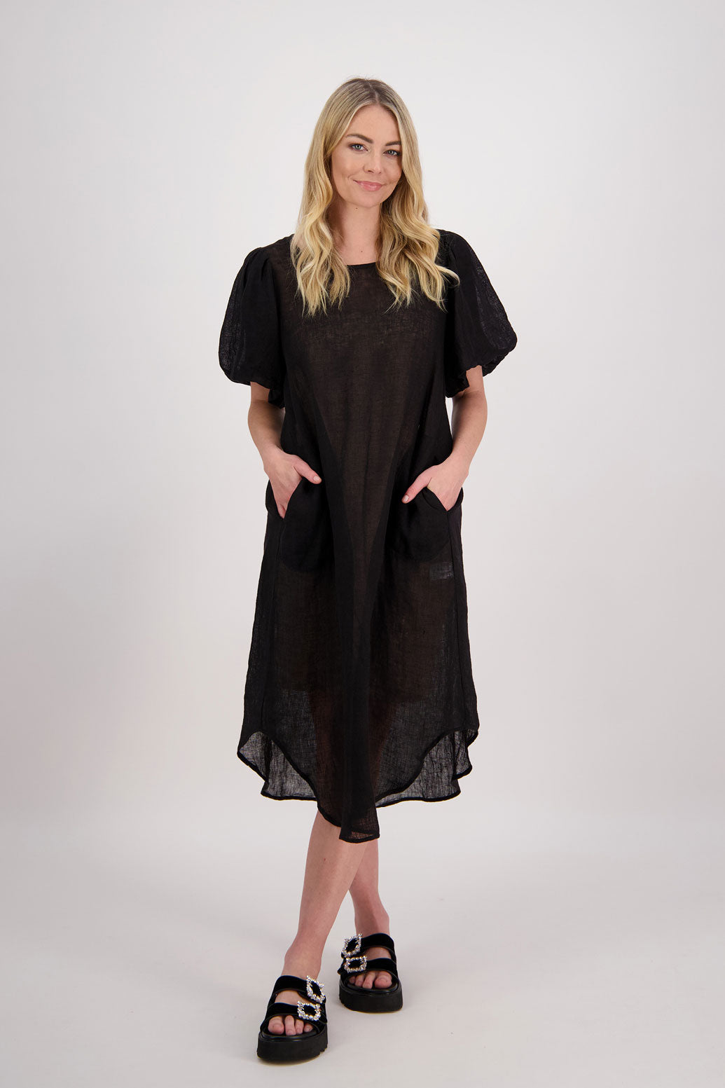 Parry Womens Black Linen Midi Dress with Pleat Back and Shirt Shaped Hem. Puff Sleeves and Pockets.