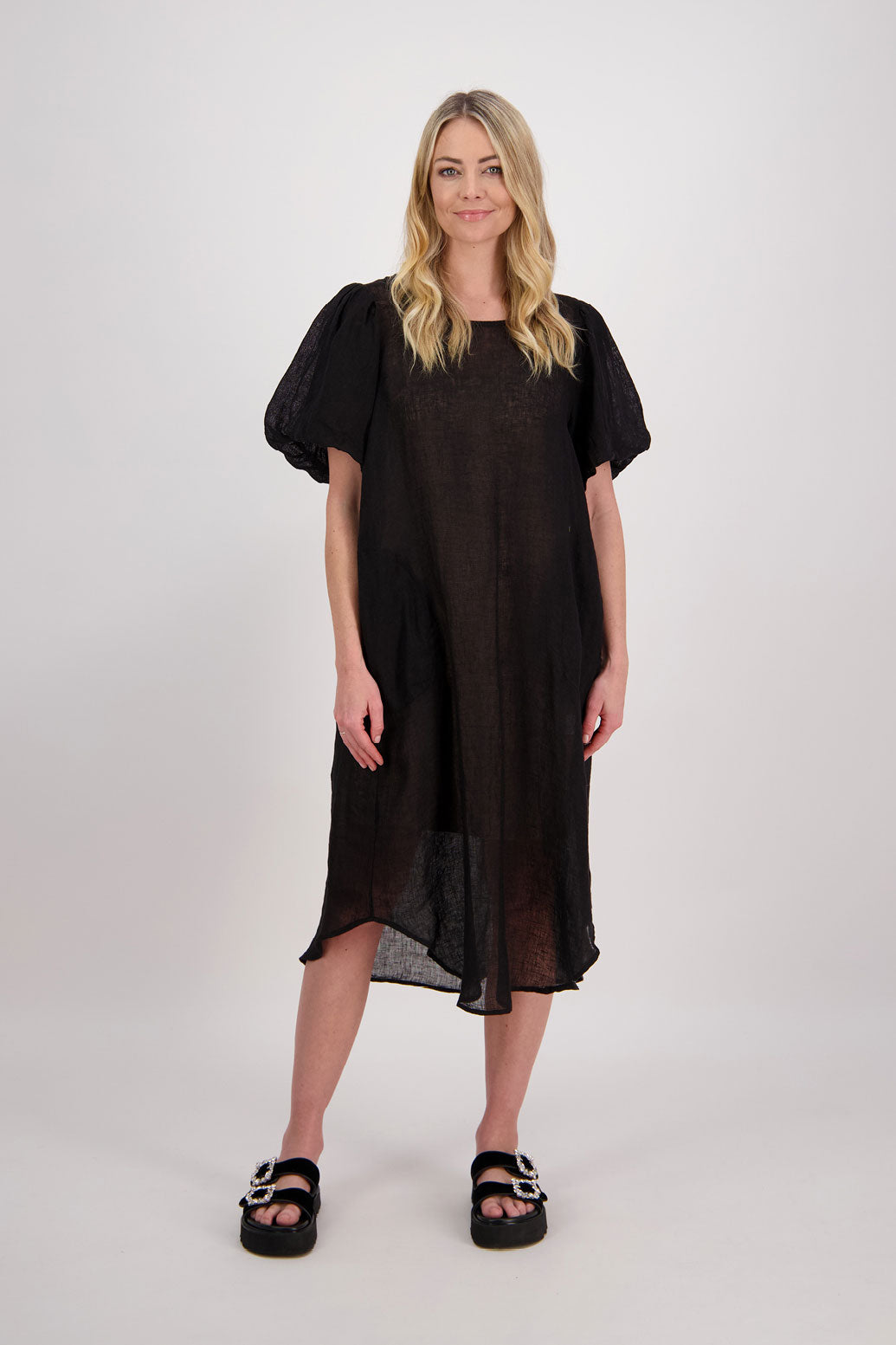 Parry Womens Black Linen Midi Dress with Pleat Back and Shirt Shaped Hem. Puff Sleeves and Pockets.