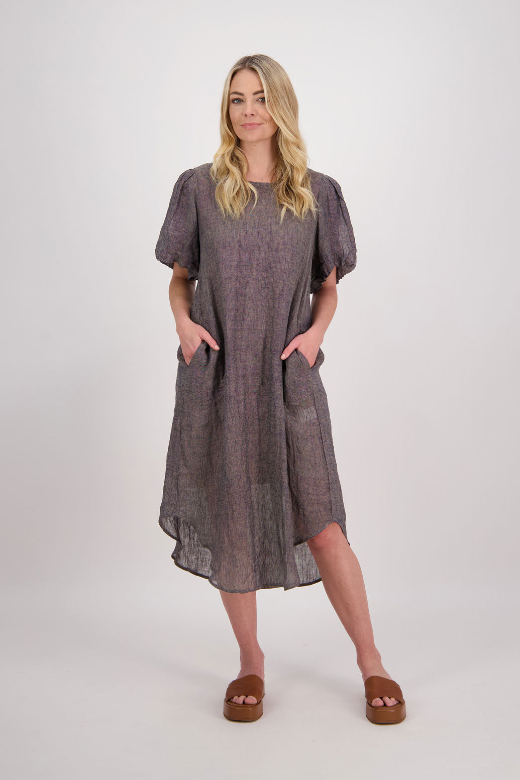 Parry Womens Ink Linen Midi Dress with Pleat Back and Shirt Shaped Hem. Puff Sleeves and Pockets.