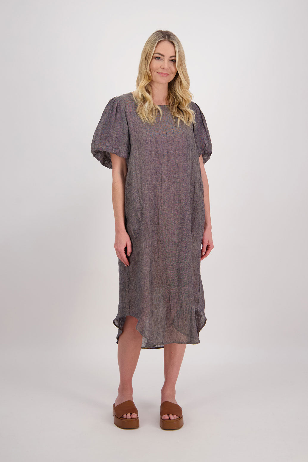 Parry Womens Ink Linen Midi Dress with Pleat Back and Shirt Shaped Hem. Puff Sleeves and Pockets.