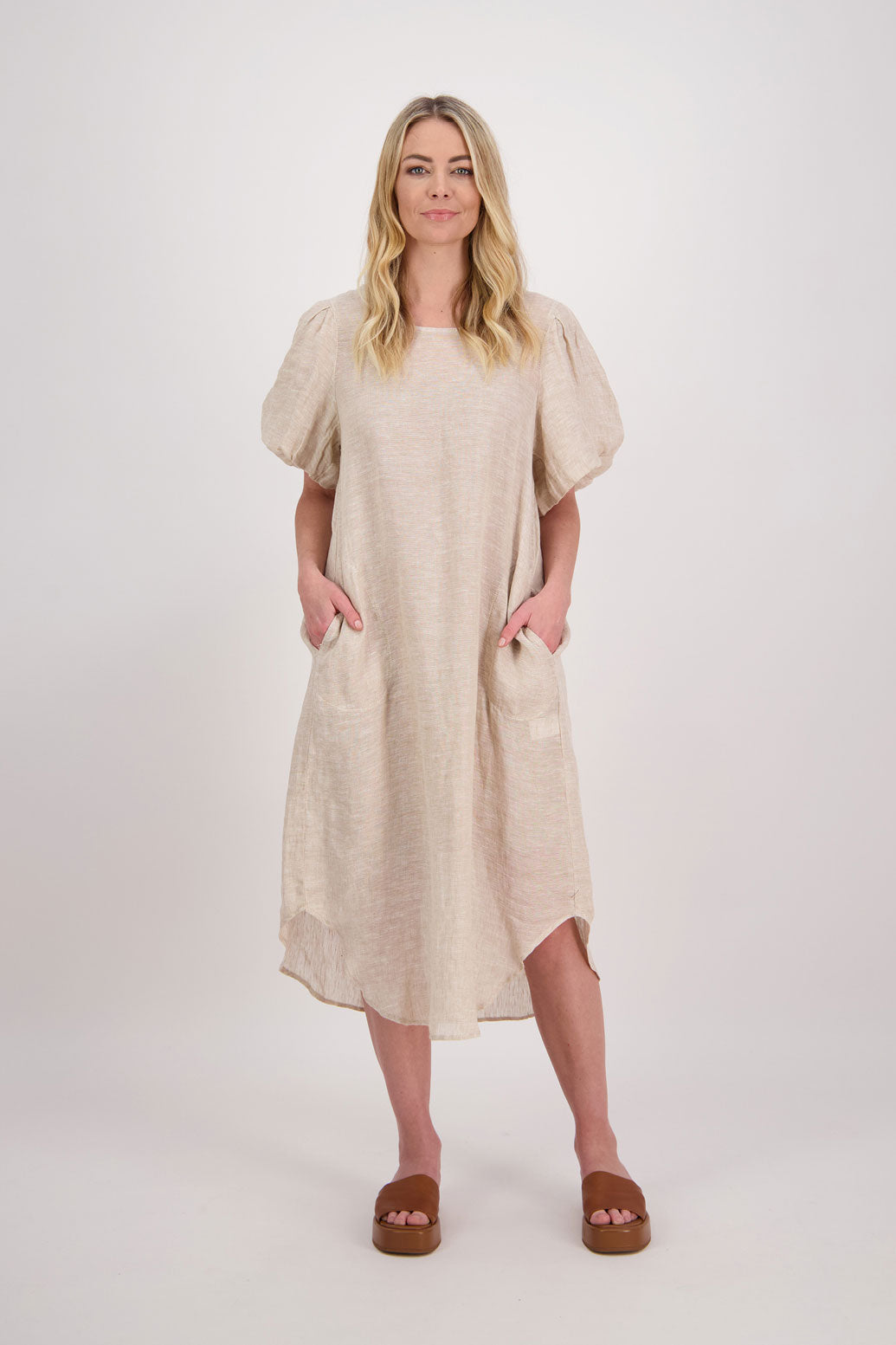 Parry Womens Natural Linen Midi Dress with Pleat Back and Shirt Shaped Hem. Puff Sleeves and Pockets.