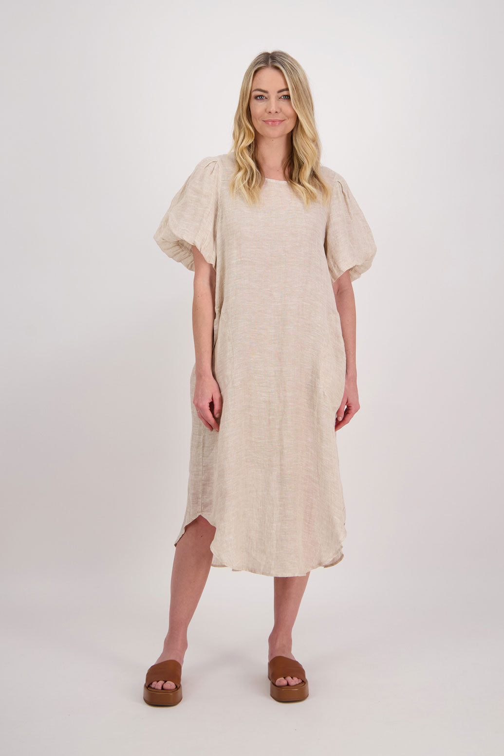 Parry Womens Natural Linen Midi Dress with Pleat Back and Shirt Shaped Hem. Puff Sleeves and Pockets.