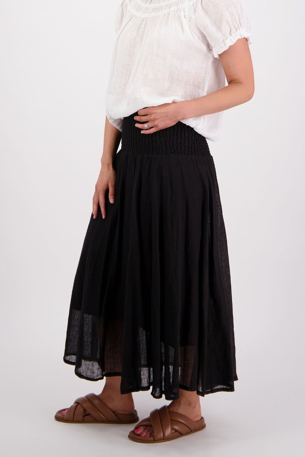 Womens Linen Maxi Skirt with Shirred Waist and Lining. Briarwood NZ. Parson, Black