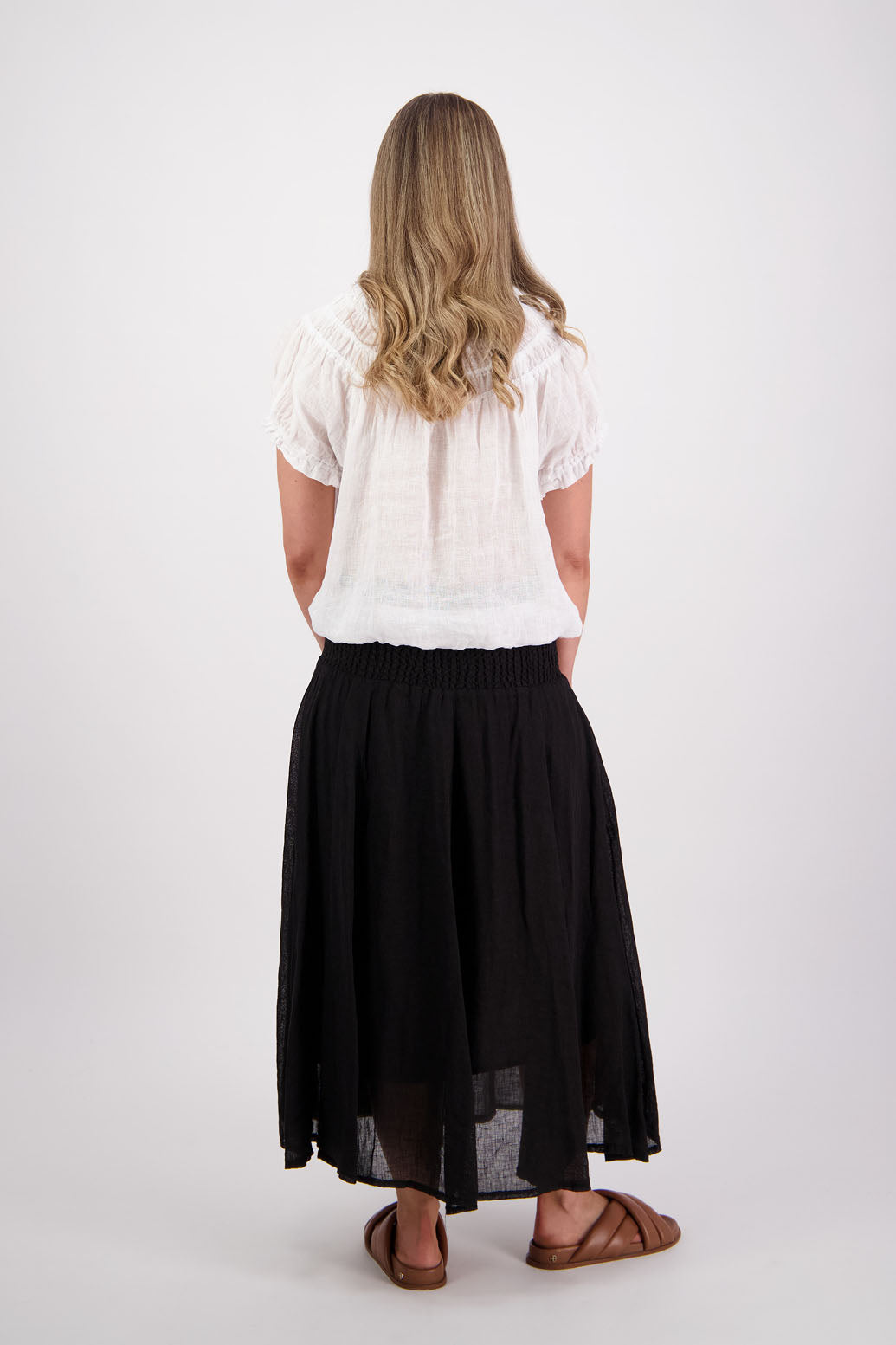 Womens Linen Maxi Skirt with Shirred Waist and Lining. Briarwood NZ. Parson, Black