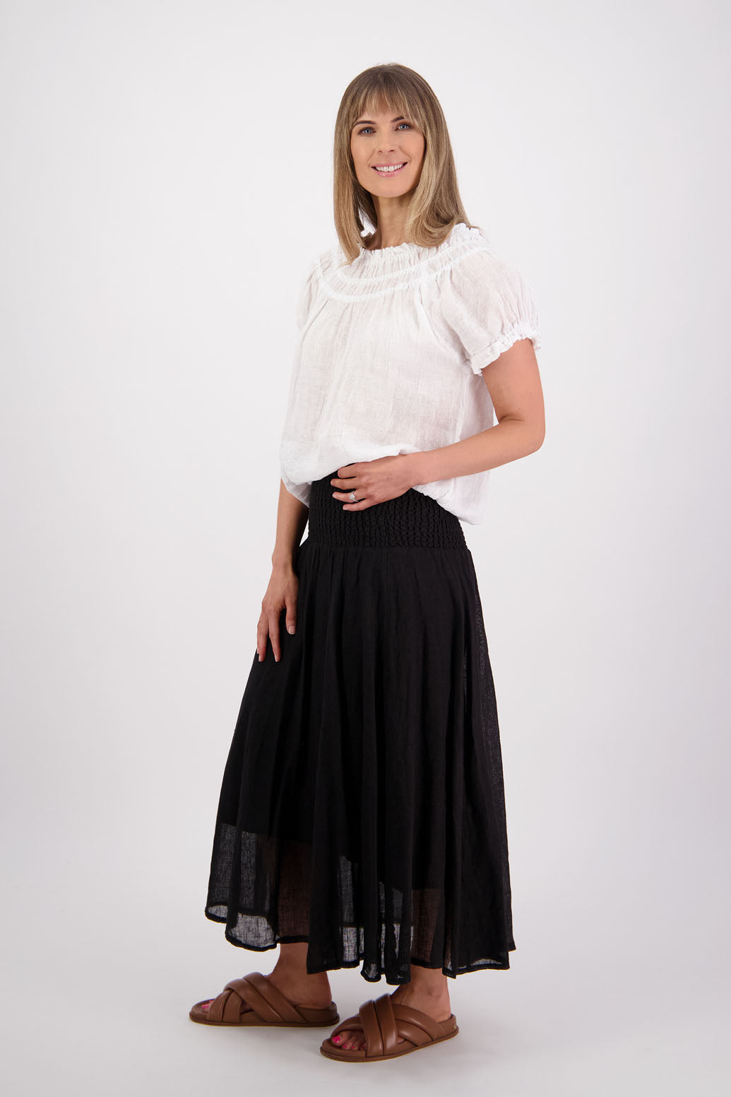 Womens Linen Maxi Skirt with Shirred Waist and Lining. Briarwood NZ. Parson, Black