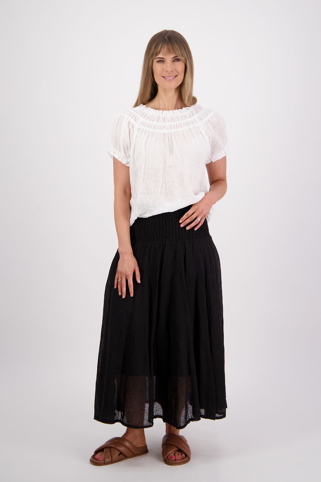 Womens Linen Maxi Skirt with Shirred Waist and Lining. Briarwood NZ. Parson, Black