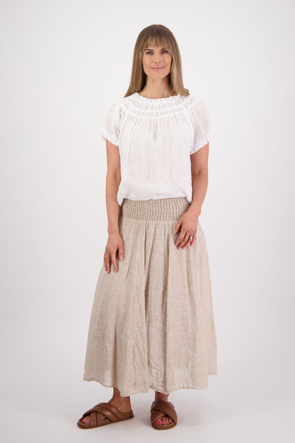 Womens Linen Maxi Skirt with Shirred Waist and Lining. Briarwood NZ. Parson, Natural